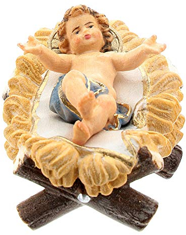 Jesuskind in Wiege Krippe Kostner Grödnertal Holz 12cm
