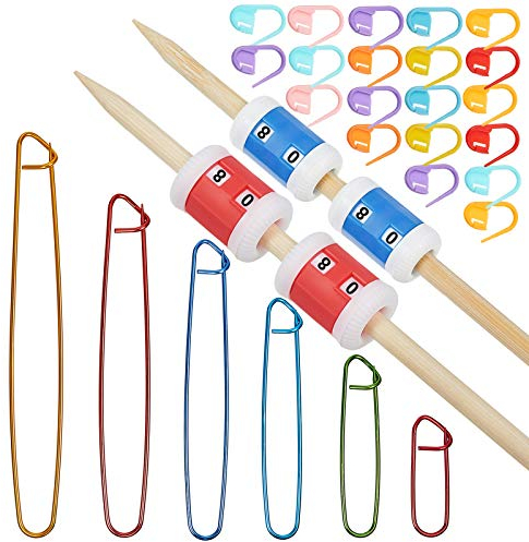 Grundlegend Strickwerkzeuge Zubehör, inklusiv 4 Stücke Reihenzähler in Verschiedenen Größen, 20 Stücke Strick Häkel Verschluss Stichmarker und 6 Stücke Sortierte Größe Stichhalter Set