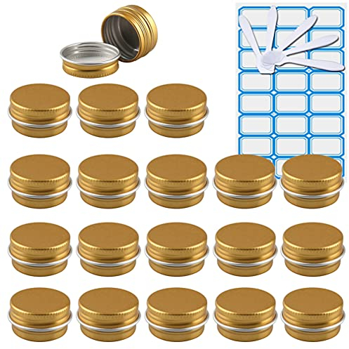 ZEOABSY Pack of 20, Empty 5ml Gold Aluminium Tins with Screw Lids Round Cosmetics Pots Containers Storage Jars for Lip Balm DIY Candle Salve Powder Crafts with 5 Spatula, 1 Label