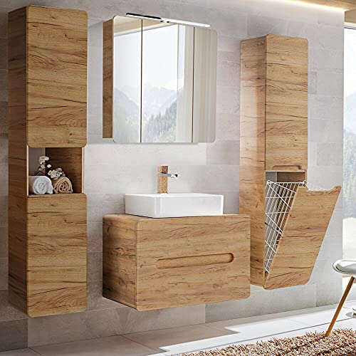Lomadox Badezimmermöbel Komplettset Eiche, Keramik Waschtisch mit Unterschrank, 80 cm LED-Spiegelschrank, Hochschrank, Hochschrank mit Wäschesammler