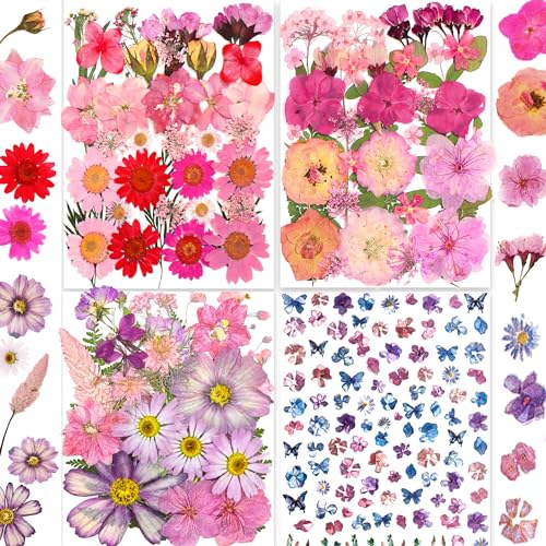 148 Stück Rosa Getrocknete Gepresste Blumen mit Schmetterlingsaufklebern – YouthBro Bastelset mit echten Naturblumen für Kunstharzschmuck, Kerzen, Seife