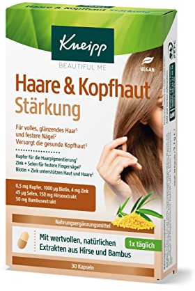 Kneipp Beautiful Me Haare & Kopfhaut Stärkung - Nahrungsergänzungsmittel mit Biotin, Zink, Selen & Kupfer - für volles, glänzendes Haar & festere Nägel - versorgt die gesunde Kopfhaut - 30 Kapseln