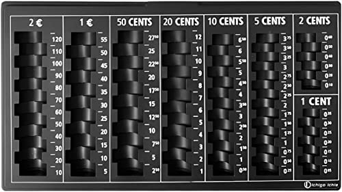 Bandeja para Contar Monedas, Bandeja para Monedas con 8 Compartimentos Incluidos Euros y Céntimos, Almacenamiento de Monedas, Organizador de Monedas, 33 x 18,5 x 2 cm, Negra