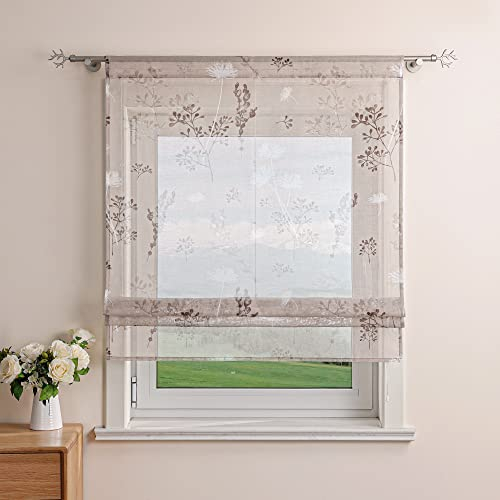 Delien Raffrollo Leinenoptik Transparente Rollos Landhaus Küche Gardine Modern Raffgardine mit Blumendruck »Löwenzahn« Bändchenrollo für Klein Fenster mit Tunnelzug BxH 100x140cm,Sand