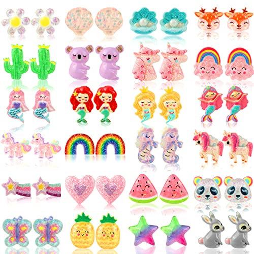 DEVIENG Clip On Ohrringe, hypoallergen, geeignet für Kinder im Alter von 4–12 Jahren, niedliche kleine Ohrclips, Schmuck-Geschenk-Set, Einheitsgröße, Harz, Kein Edelstein (Clip On Ohrringe-24 Paar)