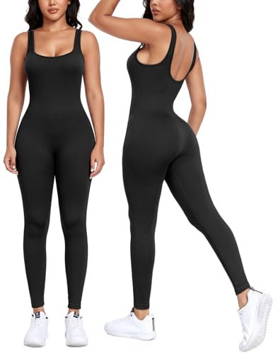 Litthing Women Sexy Yoga Jumpsuits Sleeveless Bodycon One Piece Ribbed Workout Outfits Square Neck Stretchy Romper Fitness Playsuit Womens Gym Set Solid Color Activewear Skinny Tracksuit