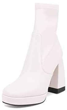 QUEEN HELENA Stivaletti con Tacco Zip Laterale Invernali Tronchetti Casual con Plateau Stivali Bassi Donna K2111 (Bianco, Numeric_40)