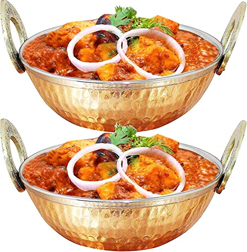 D.I.L Set of 2 Indian Copper Karahi Vegetable Dinner Bowl with Solid Brass Handle for Indian Food Serving Bowls for Cereal, Soup, Cooked Food Party Serve Ware, Serving Dishes Copper450mlcurry