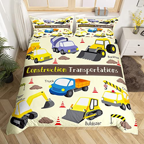 Loussiesd Bagger Bettbezug Set Cartoon Auto Betten Set Baugewerbe Transport Bettwäsche Set 135x200cm Zugmaschine Gelb Bettdeckenbezug für Kinder Jungen Mädchen Erwachsene Mit 1 Kissenbezug