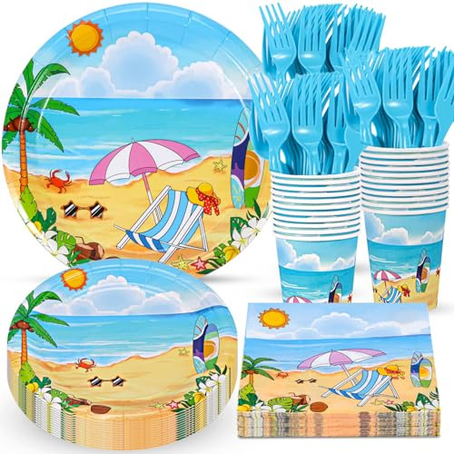 Atonofun Beach Party Supplies, Beach Plates and Napkins Set, Disposable Beach Plates, Cups, Napkins and Cutlery for Birthday, Pool, Summer Party, Baby Shower, Beach Themed Party Decorations Serves 24