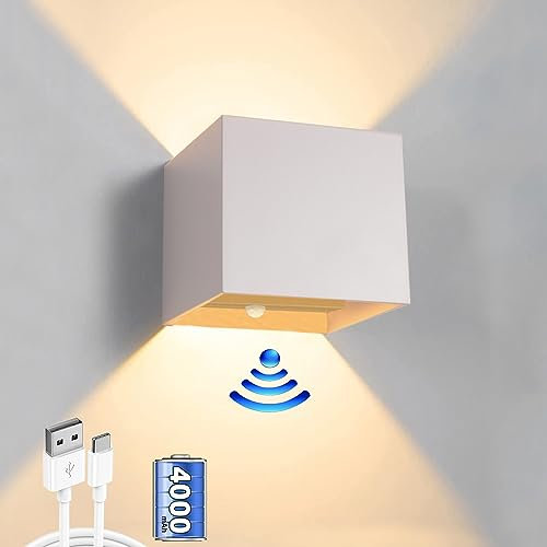 Wandleuchte Innen Lampe mit Bewegungsmelder Innen Batterie 7W, Wandleuchte Akku Aluminium 4000mAh USB Aufladbare Wandleuchte Kabellos Einstellbar Abstrahlwinkel Magnetische Flurlampe -Warmweiß
