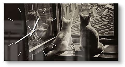 DEQORI Glasuhr | vertikal 60x30 cm | Motiv Katzen auf Fensterbrett | große XXL Design Uhr aus Glas | leise Wanduhr für Wohnzimmer & Küche | Moderne Hingucker Uhr für die Wand