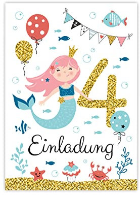 Minkocards 8 Einladungskarten zum vierten Kindergeburtstag 4. Geburtstag Mädchen Meerjungfrau Einladungen zum Geburtstag Kinder bunte Geburtstagseinladungen