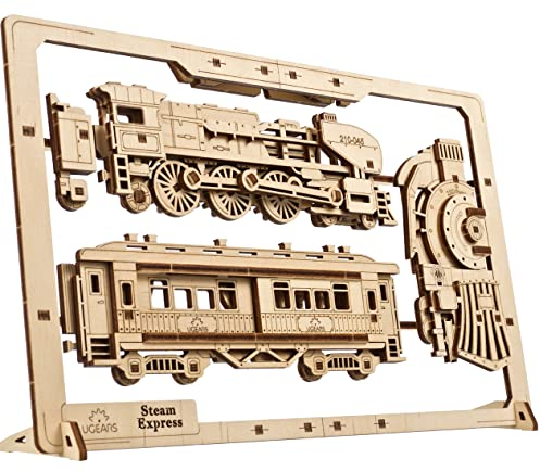 UGEARS 2,5D gerahmter Dampfexpress – Klassischer Holzmodellbausatz mit beweglichen Rädern, Mechanismen und Türen – Dampfzug-Holzpuzzle-Modellbausätze für Erwachsene – Dekoration für Zuhause und Büro