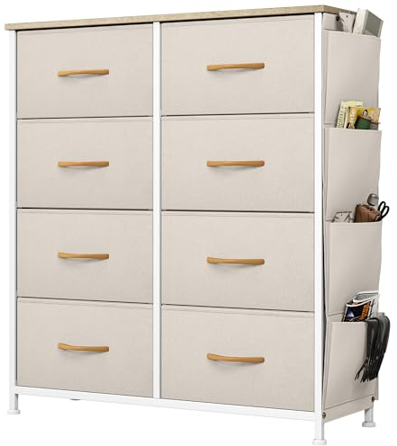 YITAHOME Kommode, 8 Stoffschubladen mit Griffen, Aufbewahrungsschrank mit Haken, Schubladenschrank mit Seitentaschen, Schrank,Metallgestell,stoffkommode für Schlafzimmer,Wohnzimmer,Flur,Büro,beige