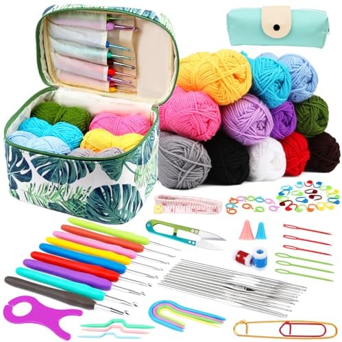 Deudy 87 Stück Häkelset für Anfänger, Starter Häkelset für Anfänger mit Häkelgarn Ergonomische Weicher Griff Häkelnadeln Häkelzubehör, Hakelnadelsets Anfänger für Handgefertigt