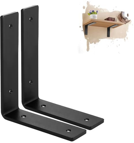 MLOQI 2 Pack Heavy Duty Shelf Brackets, 5mm Thick Scaffold Board L Wall Brackets for Shelves, Black Industrial Shelves Support (8x6/20cm x 15cm)