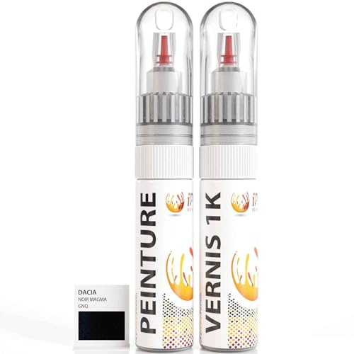 ipixline Kit Retouche Peinture Carrosserie Voiture - Stylo Correcteur Peinture Auto 30 ml, Vernis Brillant 1k 30 ml - Compatible avec Dacia - Noir Magma GNQ