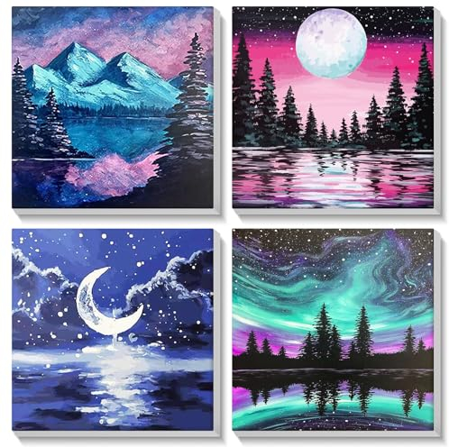 MOGTAA 4 Pack Paisaje Pintar con Numeros con Marco, Kit Pintar por Numeros para Adultos Niños, Equipo De Bricolaje Acrílica Al Óleo Pintura para decoración del hogar 20x20cm
