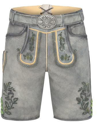Krüger Herren Trachten Lederhose kurz, Modell: Charlie mit Gürtel, Knielang, braun und grau, Art.-Nr. 961667-0-0445, 50,
