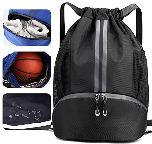Veki Sport Rucksack mit Kordelzug, Turnbeutel Wasserdicht für Damen und Herren, Sportbeutel mit Bodenfach für Basketball, Fußball, Volleyball, Gymsack für Reisen, Fitnessstudio, Schwimmen (Schwarz)