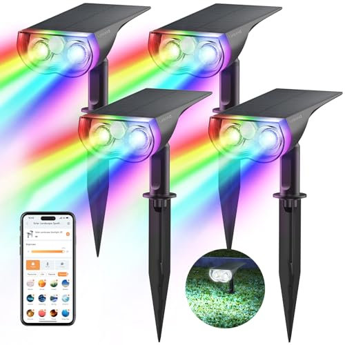 Linkind Intelligenter Bunt Solarstrahler für Außen Garten, 16Mio. Farbe RGBW Gartenleuchte mit Bewegungsmelder, Gruppensteuerbar, Musiksync, Rotlichtalarm, IP65 RGBTW Smart Solar Baumstrahler, 4 Stück