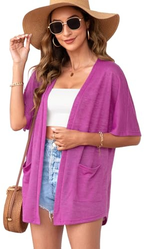 Womens Magenta Short Sleeve Kimono Cardigans V Neck Open Front Lightweight Summer Cardigan Casual Loose Beach Cover Up Curved Hem with Pockets 2025,L