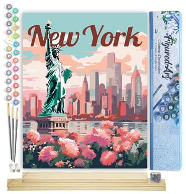 Figured'Art Malen Nach Zahlen Erwachsene Mit Rahmen Reiseposter New York in voller Blüte - Paint by Numbers Basteln DIY Bastelset 40x50cm Mit Keilrahmen (nicht gespannt)