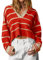 Imily Bela Jersey de punto para mujer, cuello de pico, a rayas, cuello de polo, rojo, L