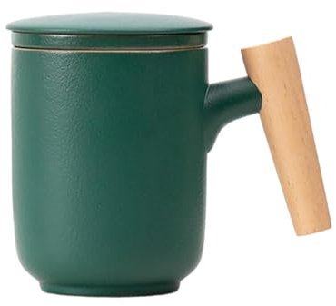 CAPIJIONG 300ml/10oz Ceramic Covered Wooden Handle Mug, Tea Separation Mug, Mug-Dark green with filter