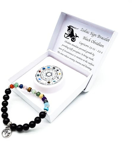 Sternzeichen Edelstein Armband in Geschenkbox | Schutz Glück Liebe Energie (Steinbock Schwarzer Obsidian, 18 cm)