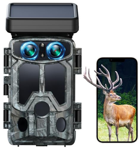 VOOPEAK Solar Powered WiFi Wildlife Camera, 4K 30FPS 60MP Trail Camera with Starlight Night Vision Dual Lens Activated IP66 Waterproof,0.1S Trigger Built-in Lithium Battery Rechargeable for Monitoring