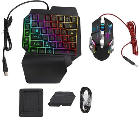 One Handed Gaming Keyboard and Mouse Combo, 4 in 1 Mobile Game Combo, Single Hand Mobile Game Keyboard Mouse Adapter Phone Holder Set, Game Controller for PC Gamer