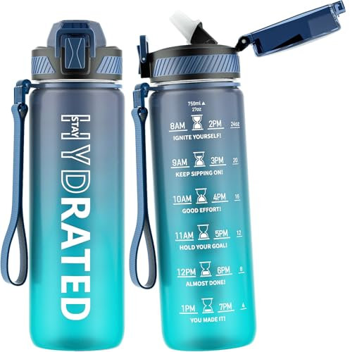 QLUR Trinkflasche 750ML, BPA-Frei Tritan Wasserflasche mit Strohhalm, Trinkflasche Sport Auslaufsicher mit Zeitmarkierung und Bürste, Sportflasche für Fitness, Schule, Dunkelblau (1 Flasche)