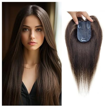 Haarteile Echthaar Echthaar-Topper for Frauen mit dünner werdendem Haar, 7 x 10 cm, unsichtbare Haut, Seidenbasis-Haar-Topper mit Pony, 10 Zoll glattes Remy-Haarteil mit 3 Clips Hair Topper(Dark brown