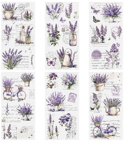 HICOHAND Reiben Sie auf Transfers zum Basteln, 6 Blatt Vintage lila Blume Rubb on Transfers für Möbel Blume Pflanze Aufkleber für Möbel Abziehbilder Lila Lavendel Aufkleber für DIY Handwerk