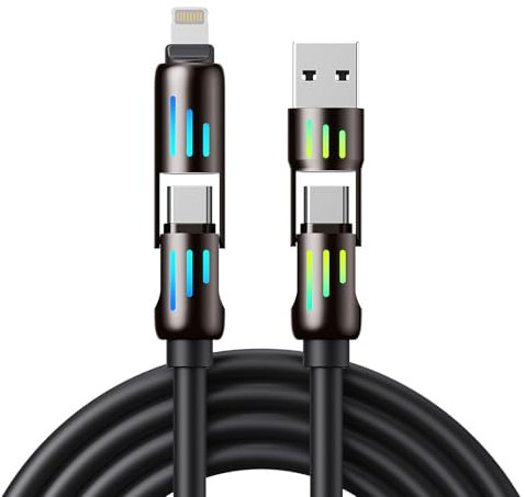 aceyoon 240W Multi 4 en 1 Cable de Carga Rapida 1.2M, Multi USB Cargador Cable con Luz LED RGB, Cable USB C Carga Rapida con USB A/C a Tipo C/Lighting para iPhone 16 15 14 13, para Samsung