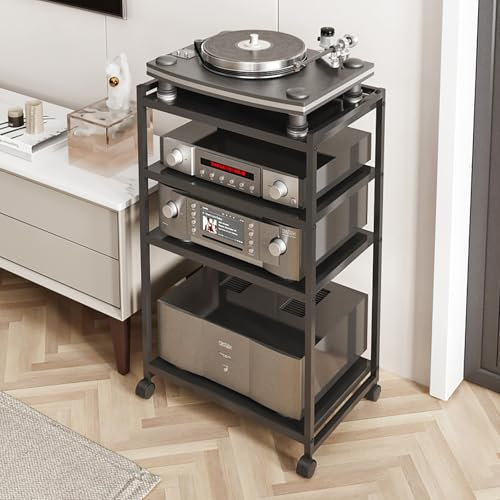 Hifi Rack Mit Rollen,Hifi Möbel Metall,Plattenspieler Schrank,Faltbares Racks,Shelves,Stereo-Racks Und -Ständer,3-Stufige Unterhaltungs-Stereo,Hifi Konsolen Regal Eckkommode Shelf Rack(H88cm/35in-B)