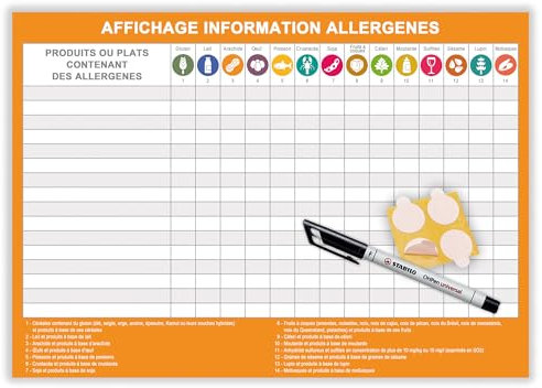 Affichage information allergènes - Panneau affichage obligatoire restaurant boulangerie 2025 - Allergènes affichage A4 plastifié effaçable + feutre + pastilles adhésives (A4AllOrang)