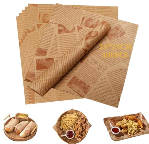 EHIOG 100 Fogli Carta Alimentare, Carta da forno Effetto giornale, Fogli di carta, Carta forno per friggitrice ad aria per hamburger, patatine fritte, panini, formaggio, torte, 25 x 25 cm