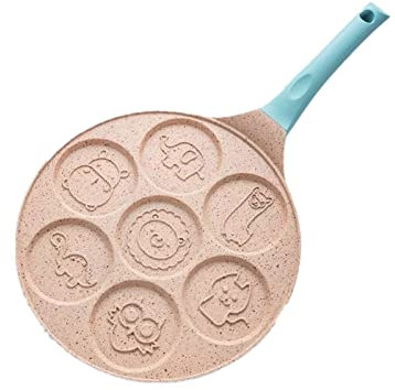 CHCWR Saucepan Seven-Hole Breakfast Frying Pan Animal Face Design Multi-Function Wheel Pancake Pan Small Egg Dumpling Frying Mould Wok (Onecolor)