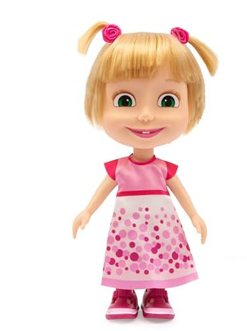 MASHA & THE BEAR - 23 cm hohe Masha-Puppe, ikonische Figur aus der Serie Mascha und der Bär mit Geburtstagsparty-Kleid und Haarschleifen, geeignet für die Kleinsten