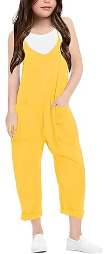 Girls Jumpsuit Adjustable Spaghetti Strap Loose Overalls Rompers Kids Overlay Decorated Playsuit Long Pants With Pockets For Teen Kids Cotton Baggy Plain Playsuits For Age 5-12 (1-Yellow, 11-12Years)