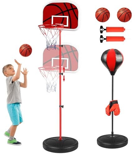 Aragallant 2-in-1 Basketballkorb & Boxsack für Kinder, Höhenverstellbare Basketballkorb mit 2 Bällen, Boxsack Spielzeug mit Boxhandschuhen, Kinderspielzeug Geschenke für Jungen ab 3 Jahren