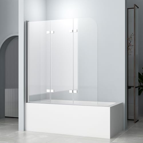 Duschwand für Badewanne 120 x 140 cm 3 teilige Faltbar Badewannen Duschabtrennung, 6 mm ESG Sicherheitsglas, transparente Duschabtrennung, für Badzubehör