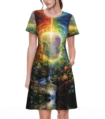 Robe longue fluide à manches courtes avec imprimé arbre de vie quatre saisons pour le printemps, Pâques, pour les vacances à la plage et au quotidien