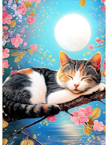 DPHERO DIY Schlafende Katze Diamant Painting Kits Bilder für Erwachsene Anfänger,5D Mond Diamond Painting Set,DIY Runde Steine Blumen Diamant Kunst Kits, Diamant Art für Zuhause Dekor 30x40 cm