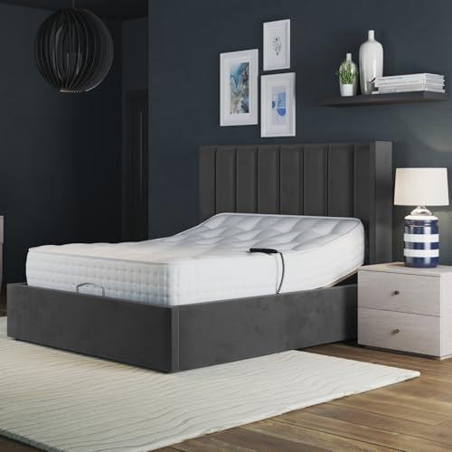 Milan Electric Adjustable Bed Frame with Winged Headboard – 5-Motion Base, 6-Button Remote, Quiet Motor, Pain Relief Support Better Sleep (Grey, 4ft6 Double)