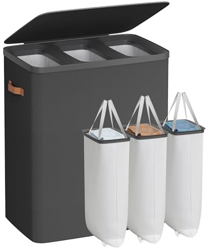 SONGMICS Laundry Basket with Lid, 190 L Triple Compartment, Removable Liner | Laundry Hamper with Lid and Handles, 64 x 40 x 75 cm, Easy Assembly, Slate Black, BROSI Collection LCB814BH01