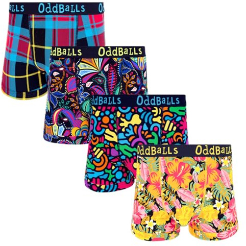 OddBalls Mens Boxers Multipack – 4 Classic Fit Cotton Boxer Shorts, Underwear with Elastic Waistband – Breathable, Soft Mens Boxer Briefs (UK, Alpha, XXS, Regular, Regular, Neon Jungle)